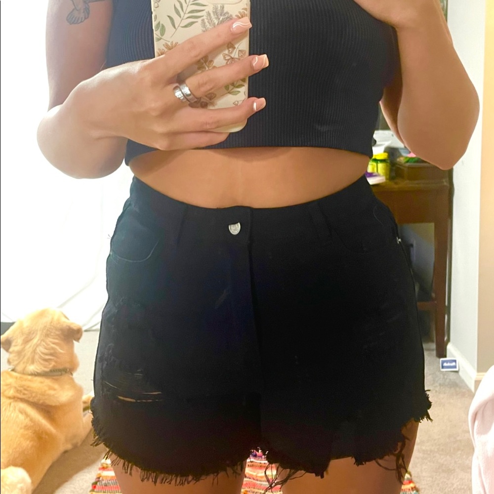 SHEIN black ripped jean shorts